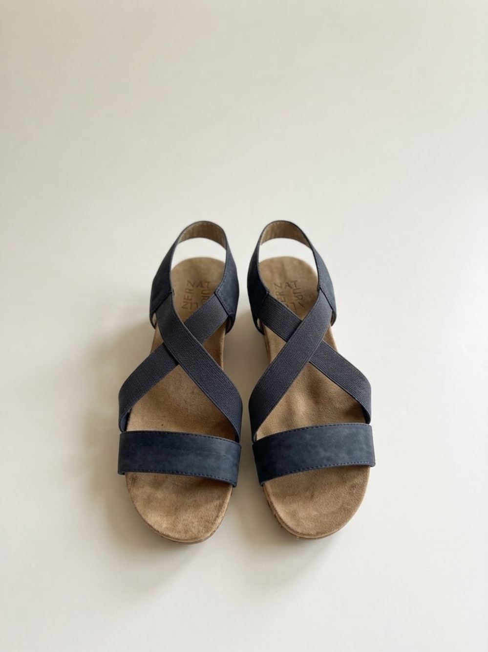 Naturalizer Blue Navy Wedge Sandals Criss Cross Elastic Gore Size 8.5M